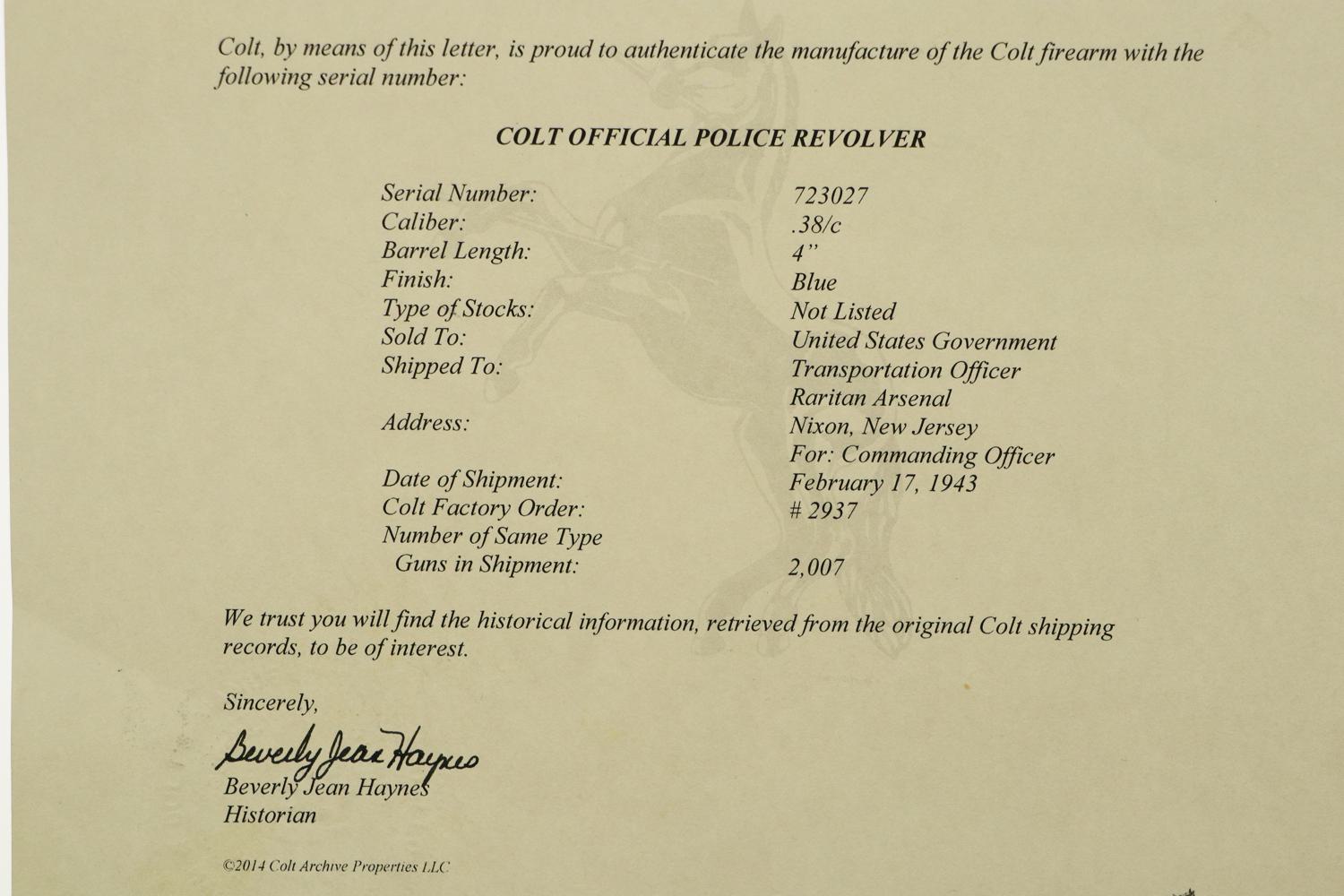 Fantastic Colt Official Police, Military Accepted, Factory Letter, FB01238 - Image 10