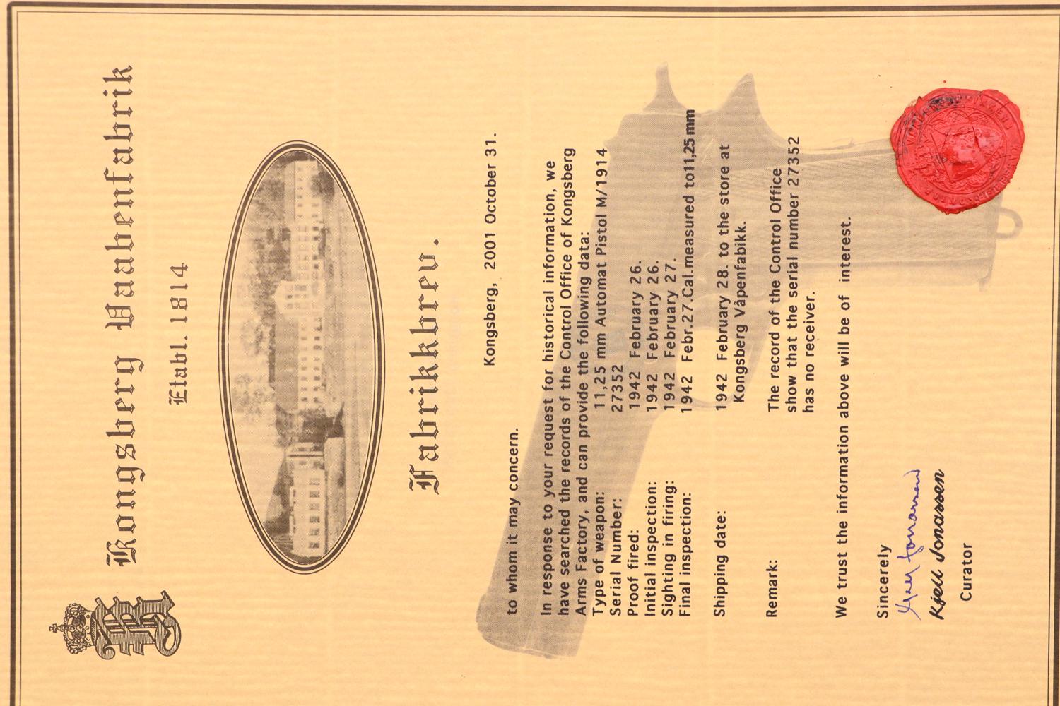 Norwegian Kongsberg 1914, Dated 1942, Factory Letter, 27352, FB01463 - Image 14