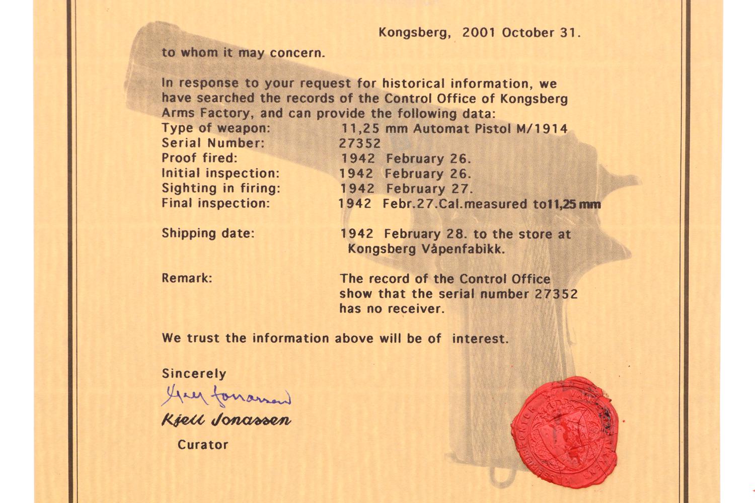 Norwegian Kongsberg 1914, Dated 1942, Factory Letter, 27352, FB01463 - Image 15