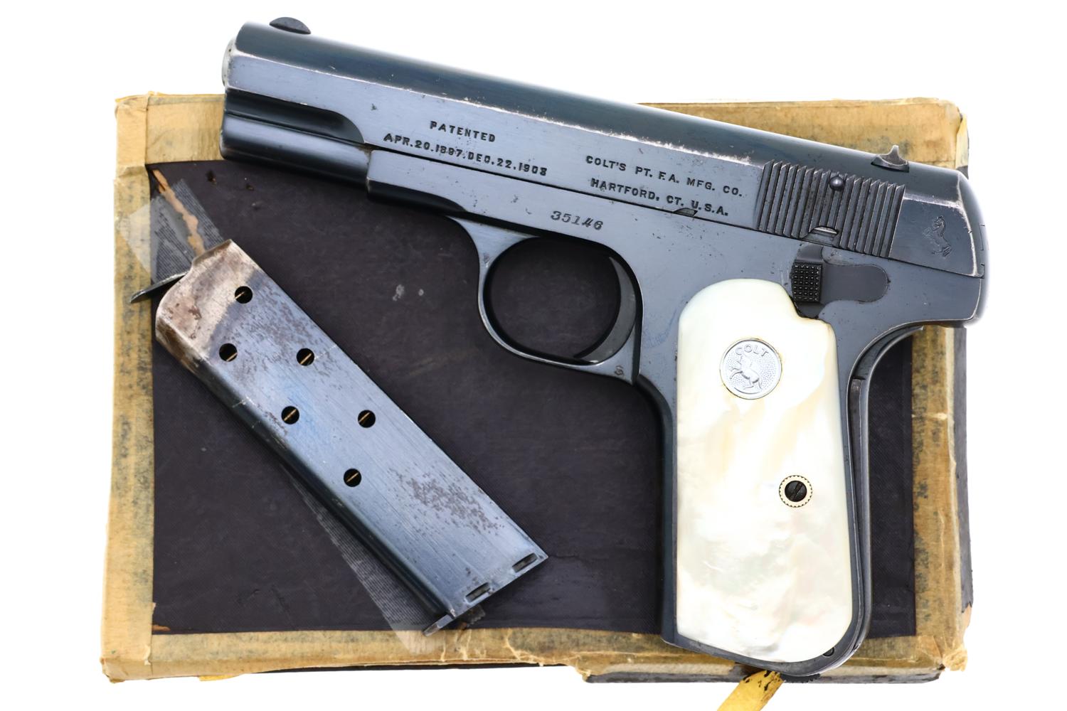Colt 1908 Hammerless Pistol, Mother-of-Pearl Grips, Box, 35146, FB01641