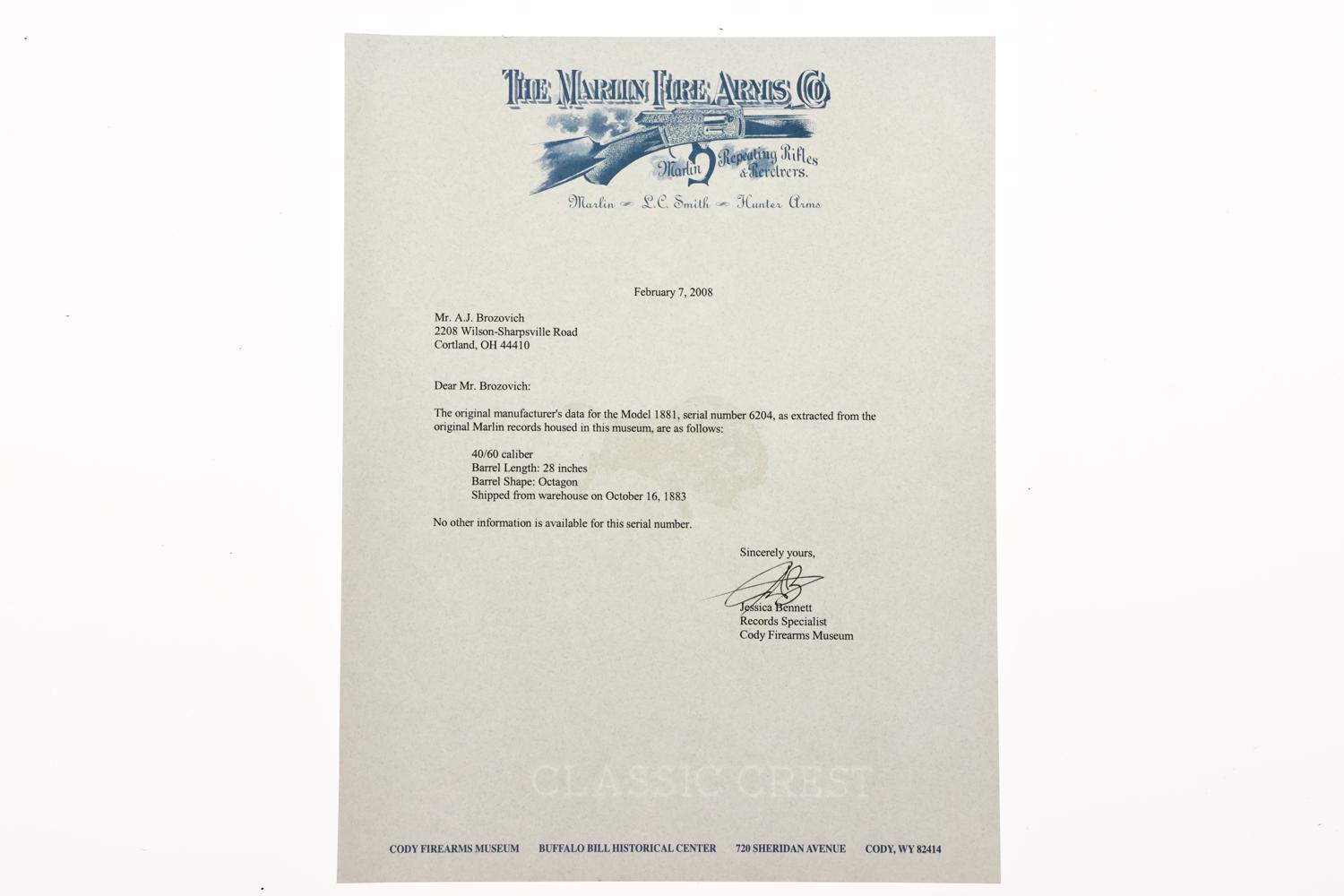 Marlin 1881 Lever Action Rifle, Factory Letter, ANTIQUE, 6204, O-216 - Image 22