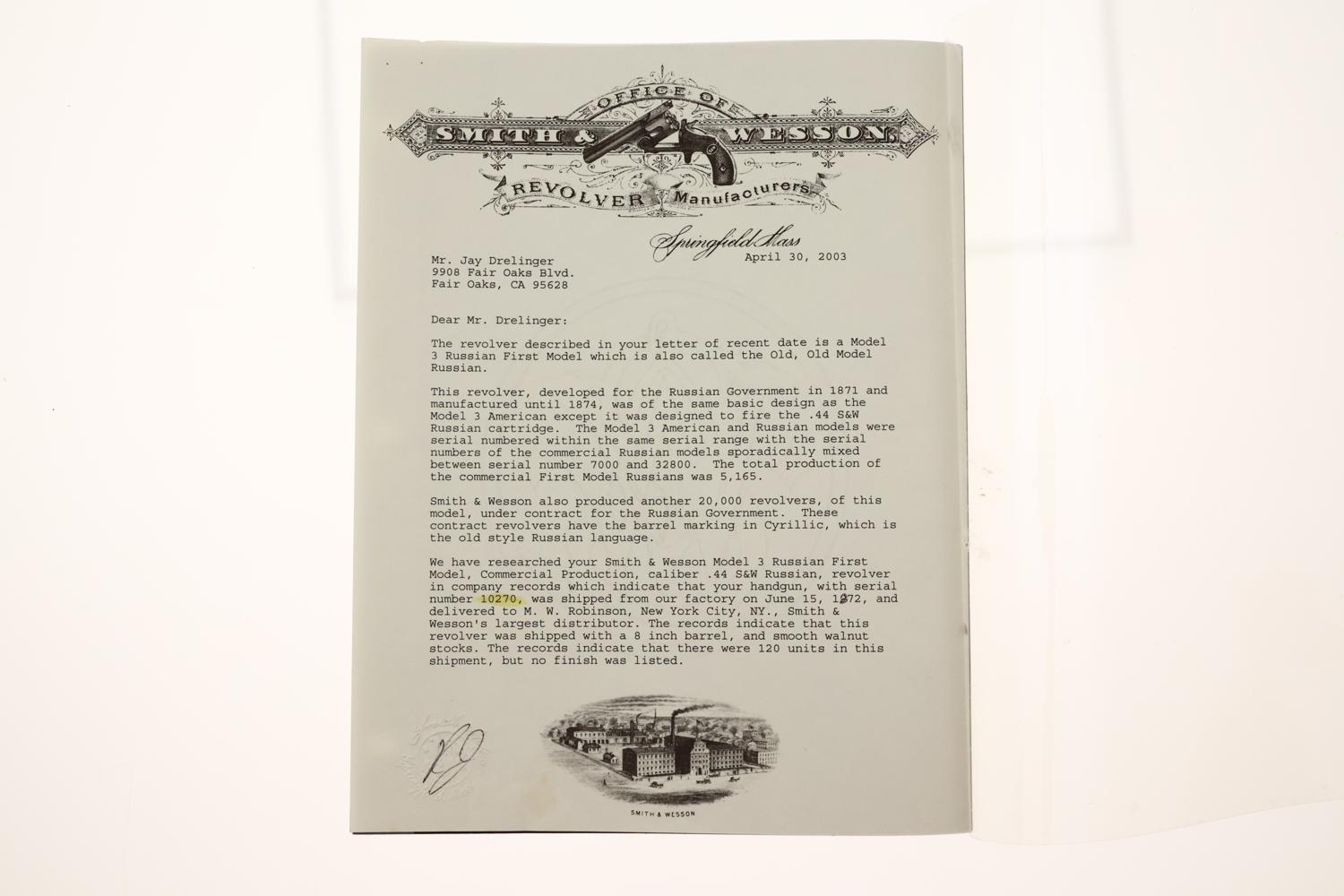 S&W Model 3 Russian First Model, 44 Russian, Factory Letter, 10270, O-181 - Image 10