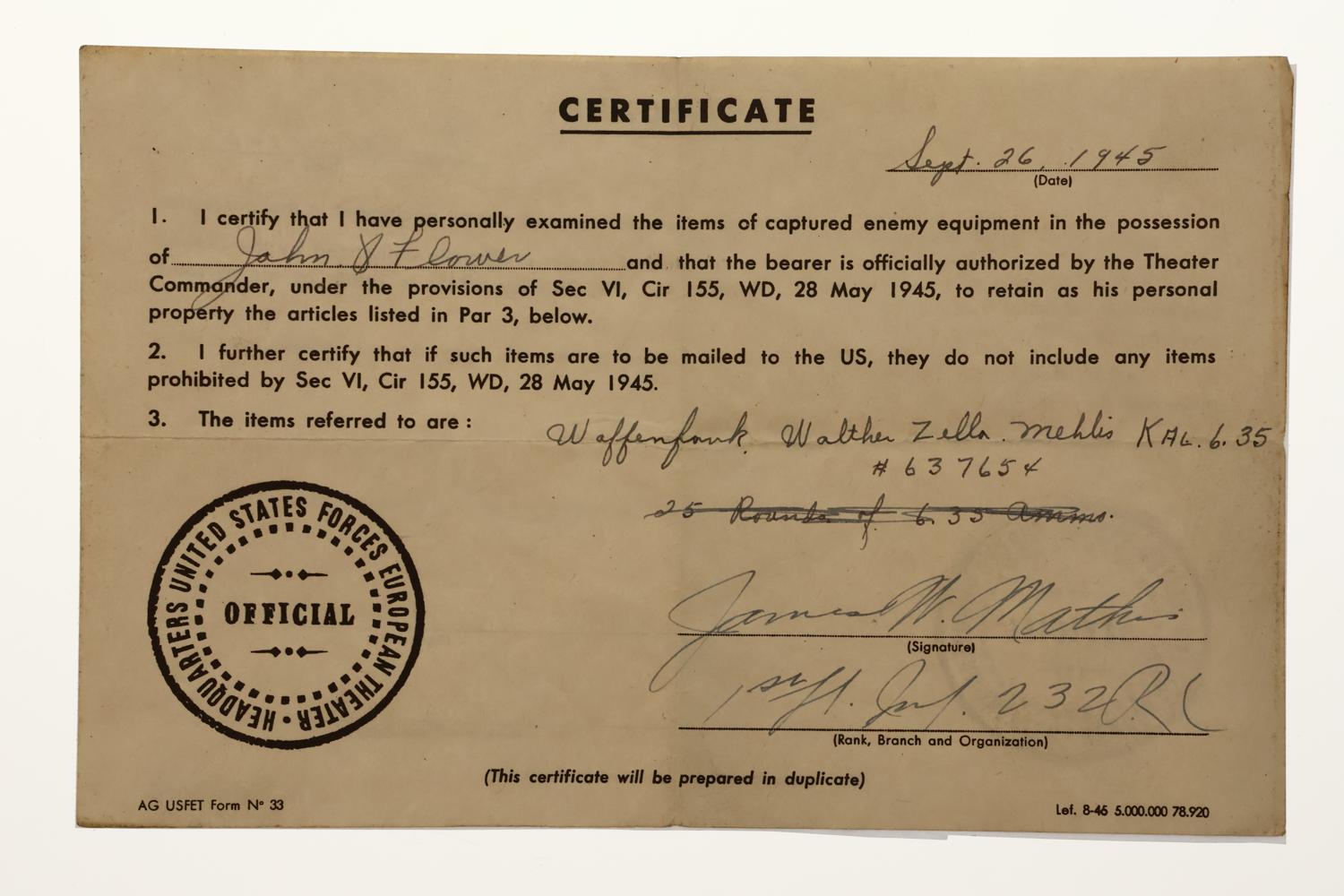 Walther Mod 9 Vest Pocket Pistol, WWII, Capture Papers,  637654, FB01715 - Image 12