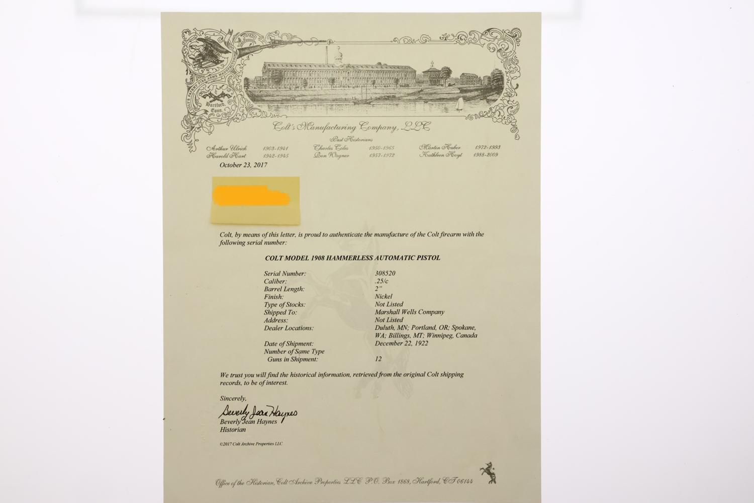 Colt Model 1908 Vest Pocket Pistol, Documented, Boxed, 308520, FB02159 - Image 13