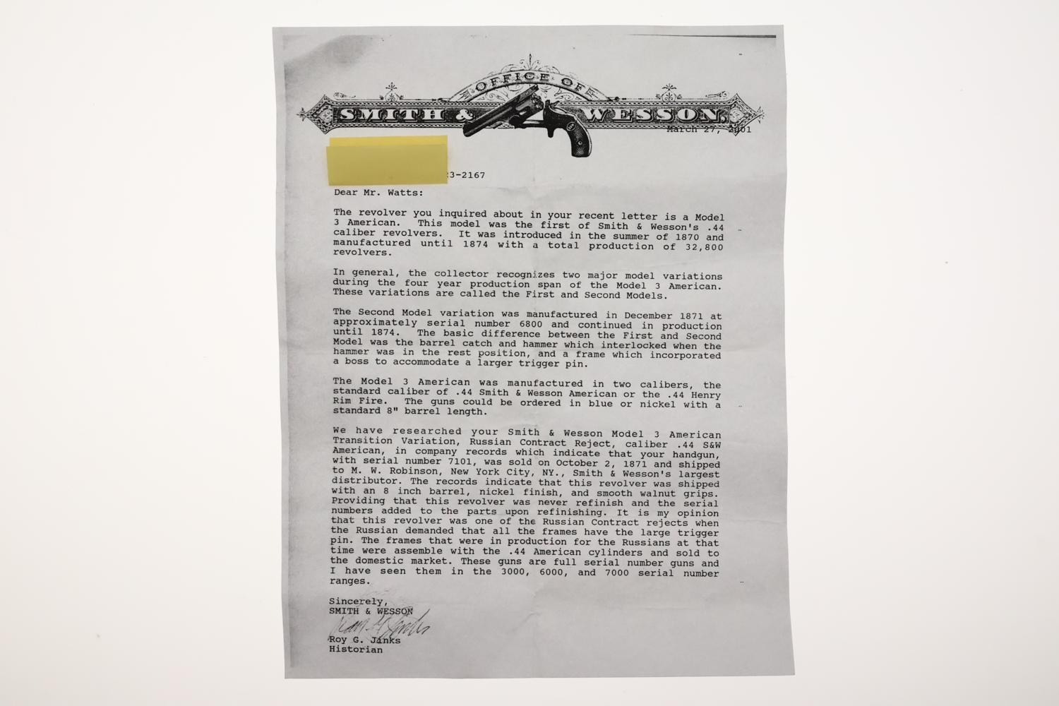 S&W Model 3 American Revolver, Russian Contract Reject, Letter, O-179 - Image 12