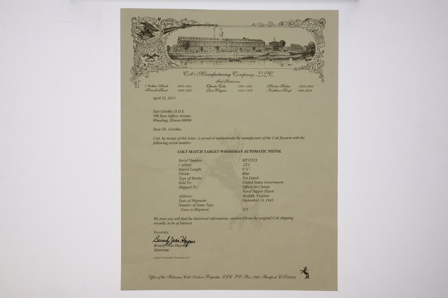 Colt Bullseye Match Target Woodsman, US Military Pistol, MT13523, FB02204 - Image 6