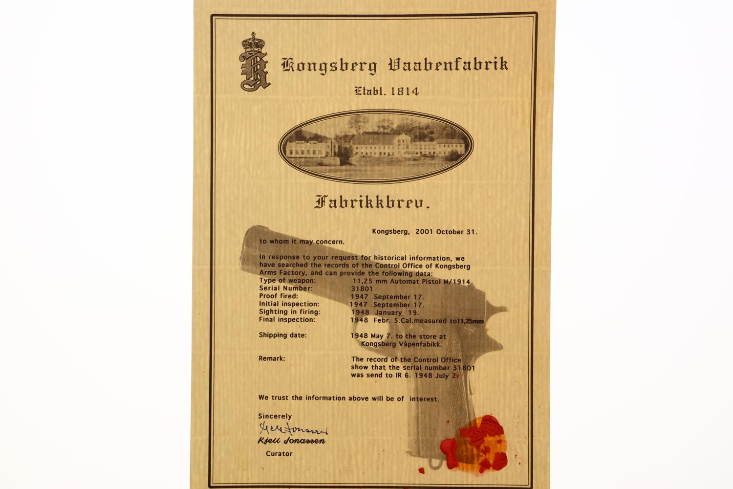 Kongsberg Arsenal Norwegian 1914 Pistol, 1945, Documented, 31801, FB02316 - Image 12