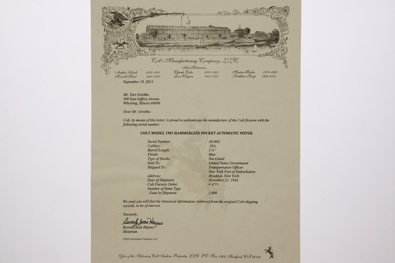 Colt 1903 Hammerless "U.S. PROPERTY" Pistol, 561882, FB02135 - Image 11