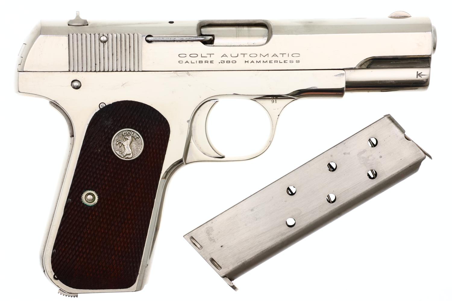 Colt 1908 Hammerless .380ACP Factory Nickel Pistol, 93891, FB01940 - Image 2