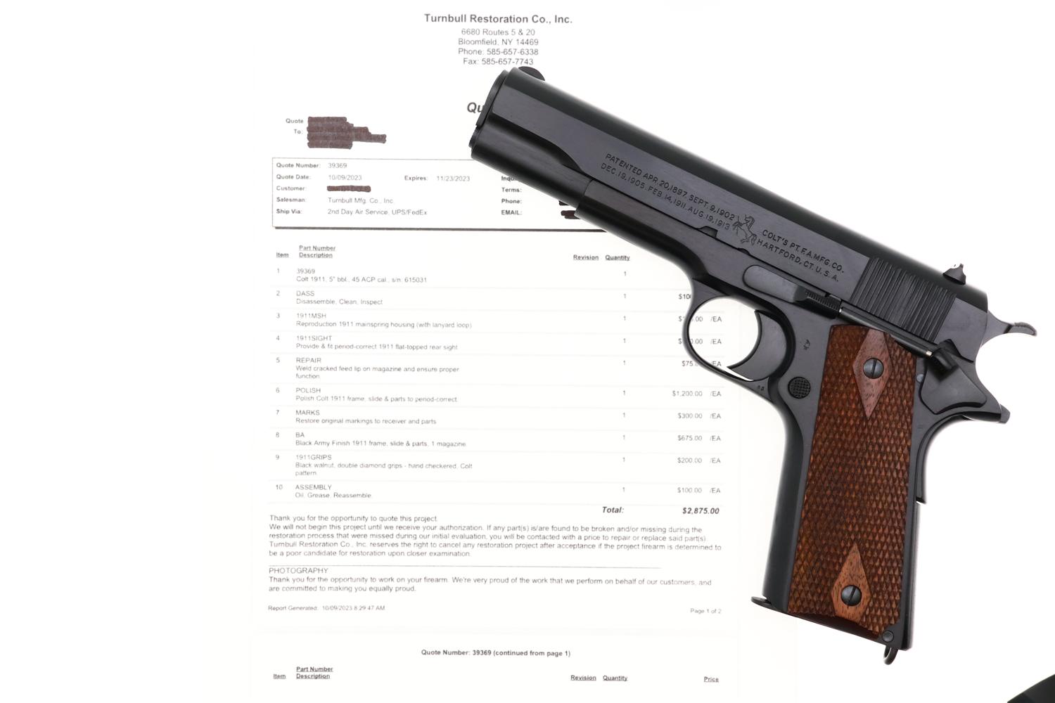 Colt 1911 US Military Pistol, Turnbull Restoration, 615031, FB02388 - Image 2