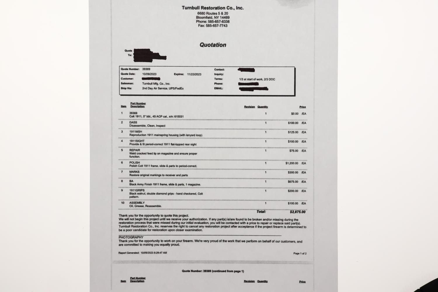 Colt 1911 US Military Pistol, Turnbull Restoration, 615031, FB02388 - Image 12